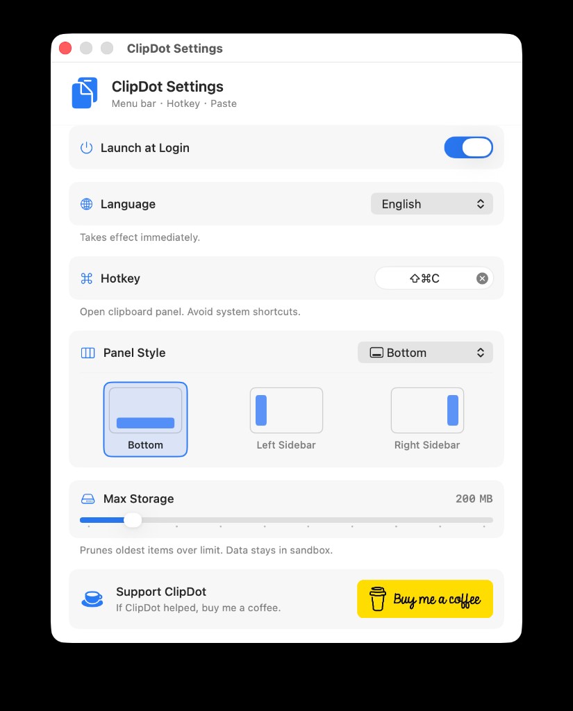 ClipDot settings window showing launch at login, language, shortcut, panel mode, and storage controls